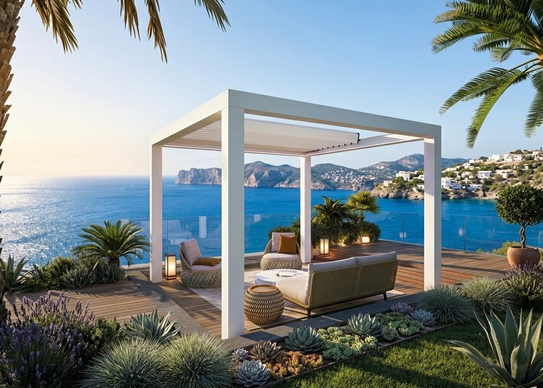 Bioklima Pro bianca in un giardino costiero con vista sul mare