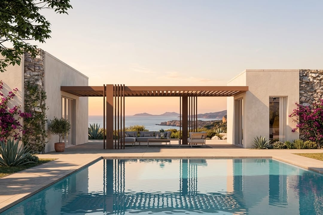 Pergola CODE grafite a bordo piscina con doghe verticali effetto legno
