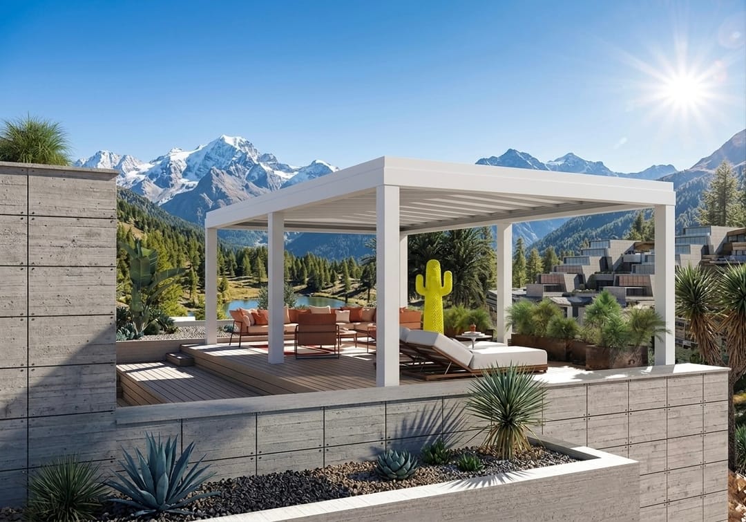 Pergoflow bianca su una terrazza con vista sulle montagne
