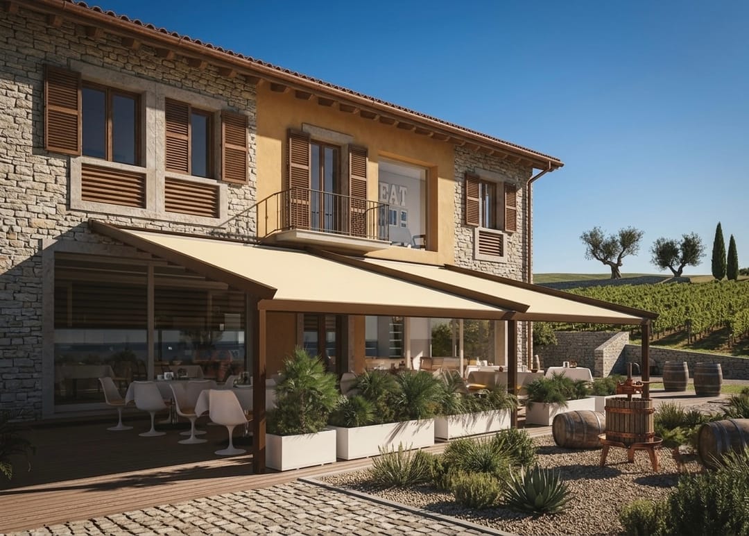 Pergotesa addossata a una casa in pietra con zona pranzo esterna