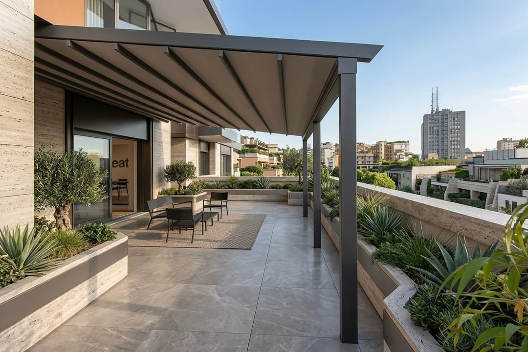 Pergotesa grafite su una terrazza urbana contemporanea