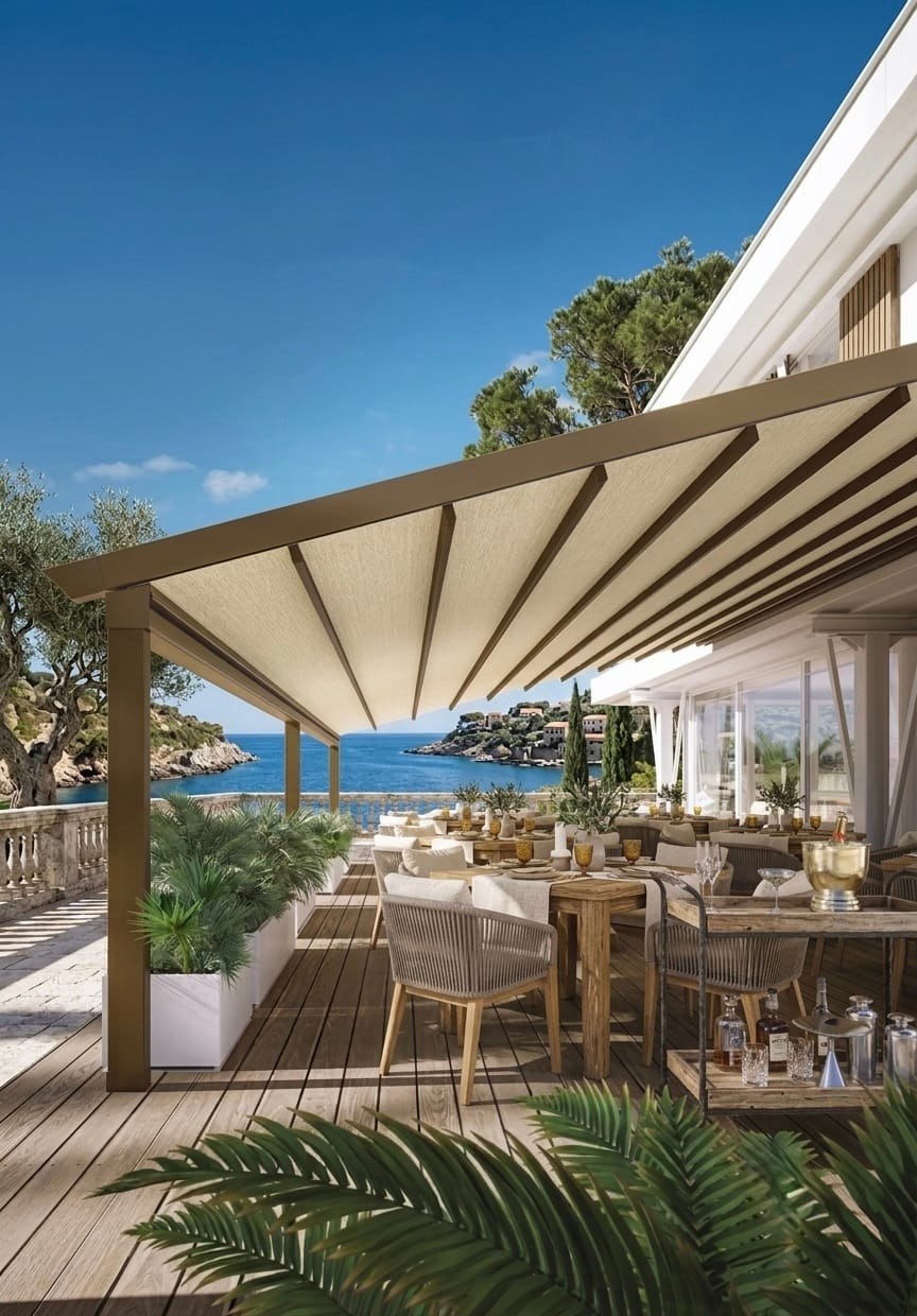 Pergola a telo scorrevole sopra una zona pranzo sul mare