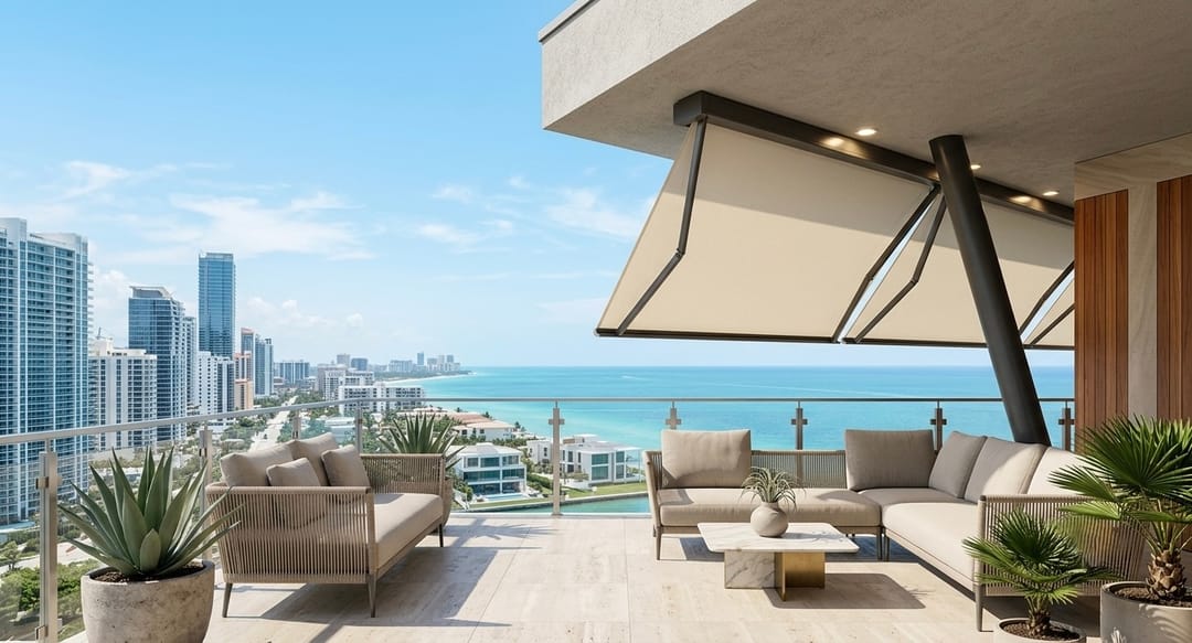 Futura 75 sopra una zona pranzo su una terrazza affacciata sul mare