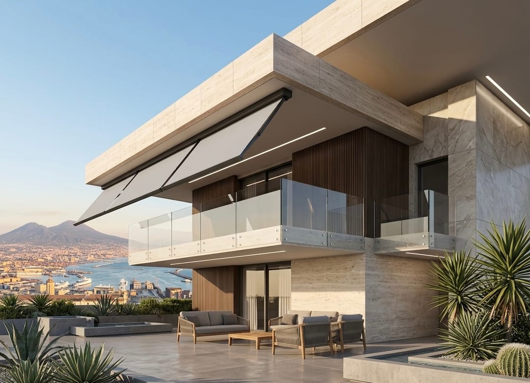 Futura 75 aperta sulla facciata di una villa contemporanea