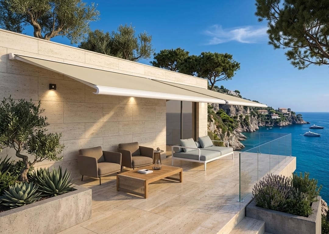 Futura 90 aperta su una terrazza contemporanea affacciata sul mare