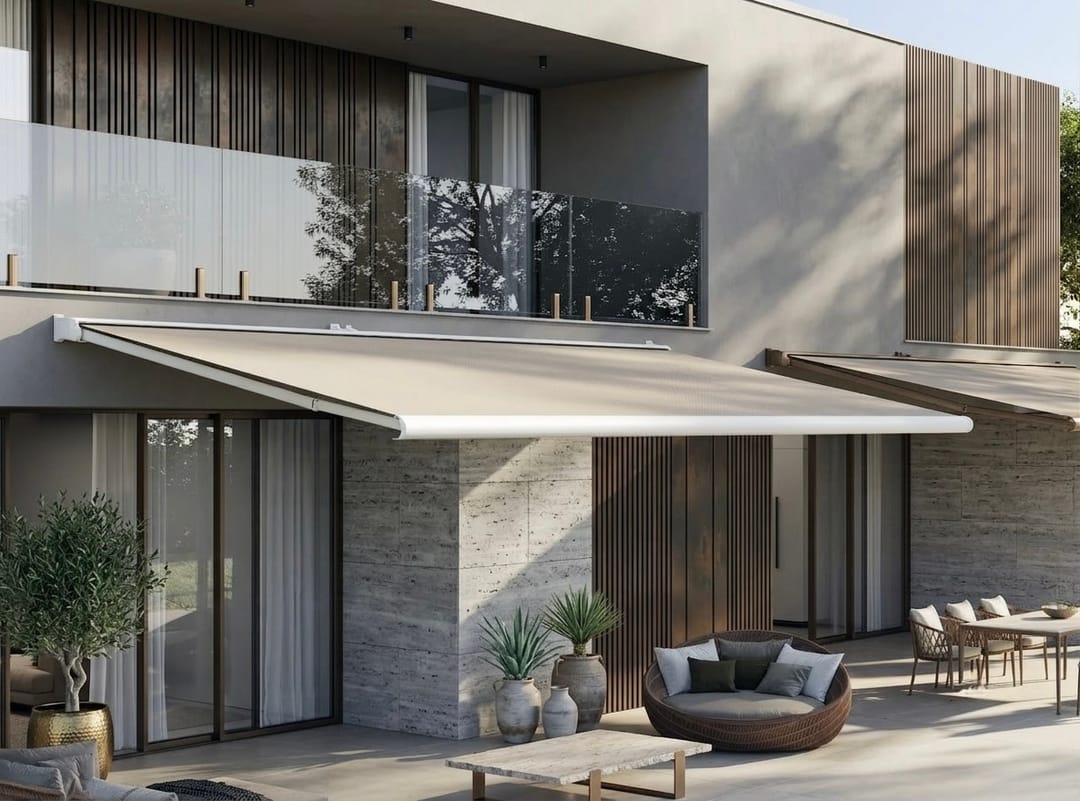 Tenda da sole aperta sotto il balcone di una villa contemporanea