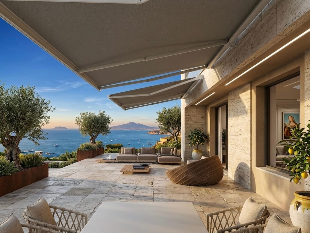 Futura 93 aperta sopra una terrazza panoramica con zona pranzo
