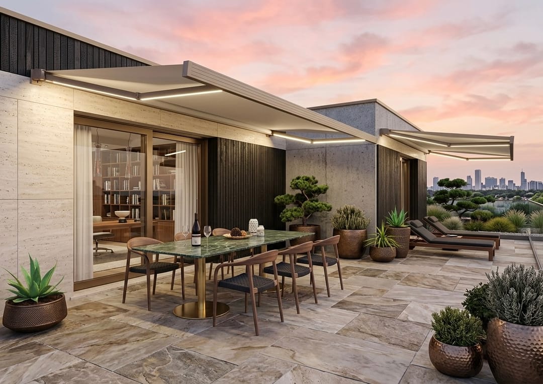 Tenda da sole Futura 94 aperta su una villa contemporanea al tramonto