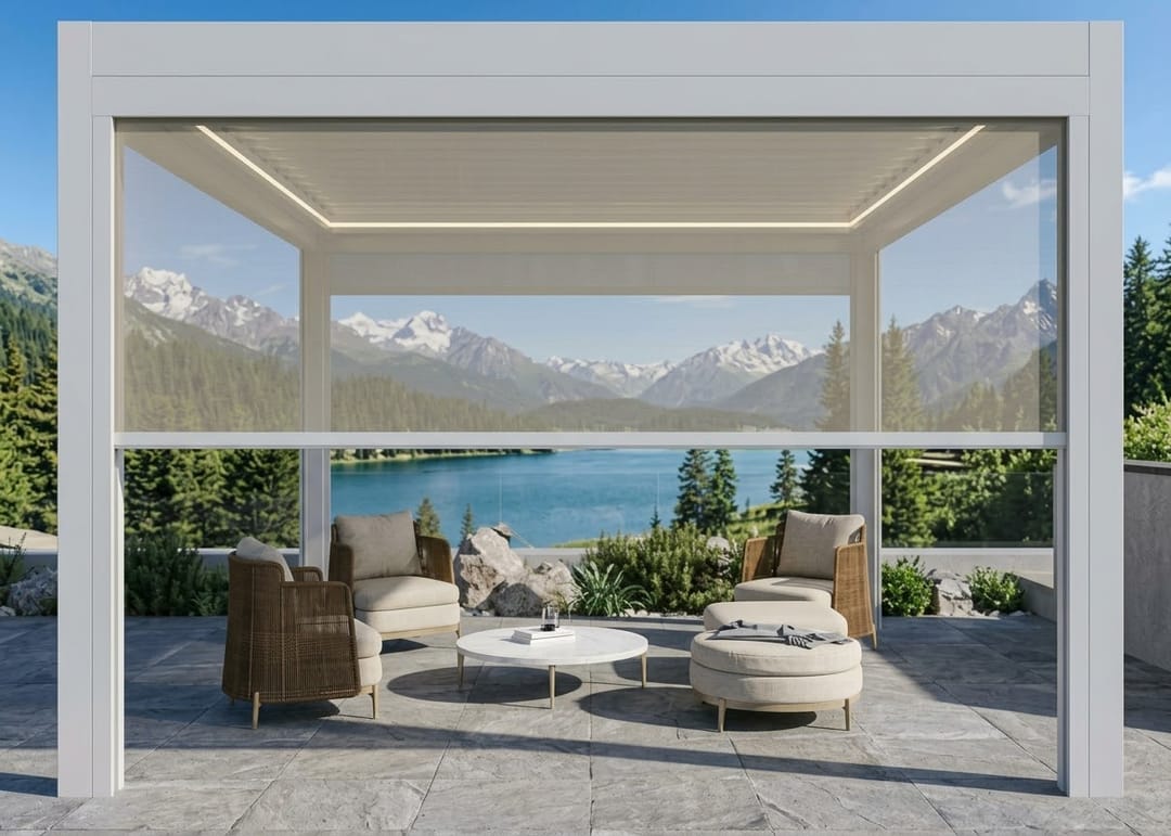 Schermatura Ermetika 130 integrata in una pergola bianca sul lago