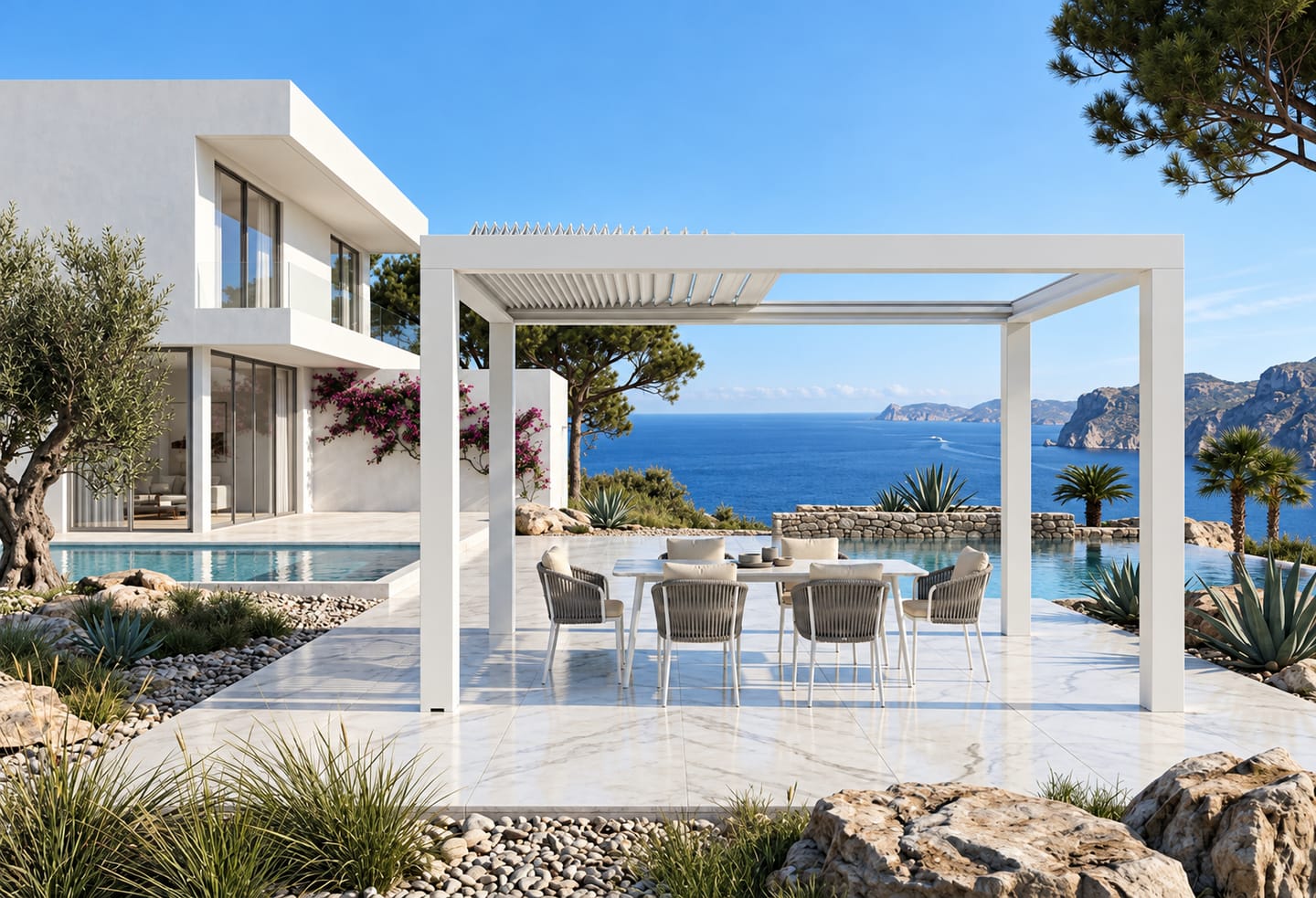 Visualizzazione: pergola bioclimatica bianca su una terrazza in marmo affacciata sul mare, con tavolo da pranzo e piscina